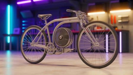 Illustration de la conception d'un vélo propulsé par un moteur Stirling grâce à des techniques modernes.