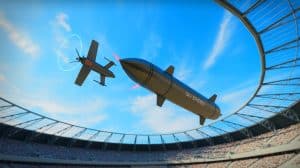 Illustration de la présentation du système Sky Sphere de Diehl Defence avec son eMissile CICADA conçu pour intercepter les petits drones.