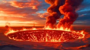 Illustration de la « Porte de l'Enfer » au Turkménistan, un cratère enflammé dans le désert du Karakoum.