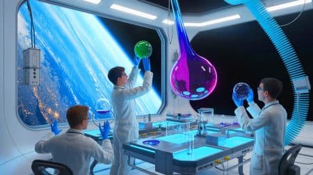 Illustration de la manipulation des fluides en apesanteur pour améliorer l'efficacité des systèmes spatiaux.