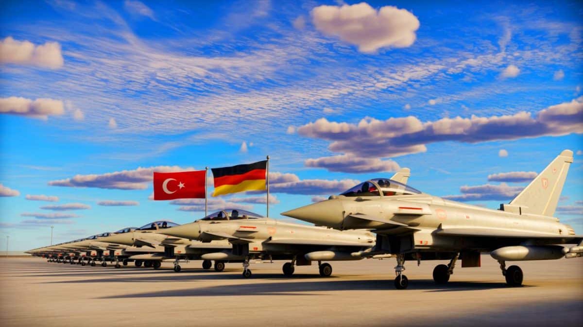 Illustration de la vente de quarante Eurofighter par l'Allemagne à la Turquie dans un contexte géopolitique complexe.