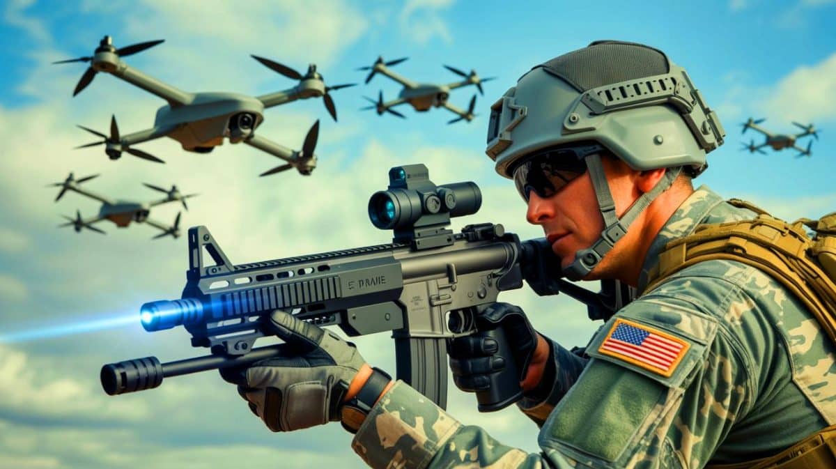 L’armée américaine prépare « la guerre du futur » avec des fusils à IA pour contrer la menace des drones Illustration de l'armée américaine dévoilant un fusil à intelligence artificielle pour neutraliser les drones.