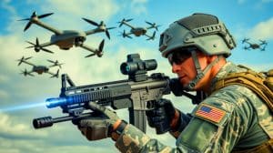 Illustration de l'armée américaine dévoilant un fusil à intelligence artificielle pour neutraliser les drones.