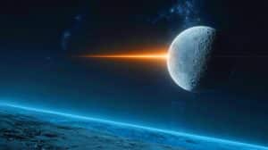 Illustration de l'astéroïde 2024 YR4 menaçant potentiellement la Lune et les satellites en orbite.