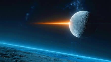 Illustration de l'astéroïde 2024 YR4 menaçant potentiellement la Lune et les satellites en orbite.