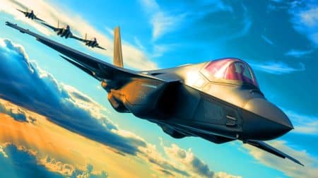 Illustration de l'avion de chasse F-35, symbole de l'innovation technologique et des tensions géopolitiques.