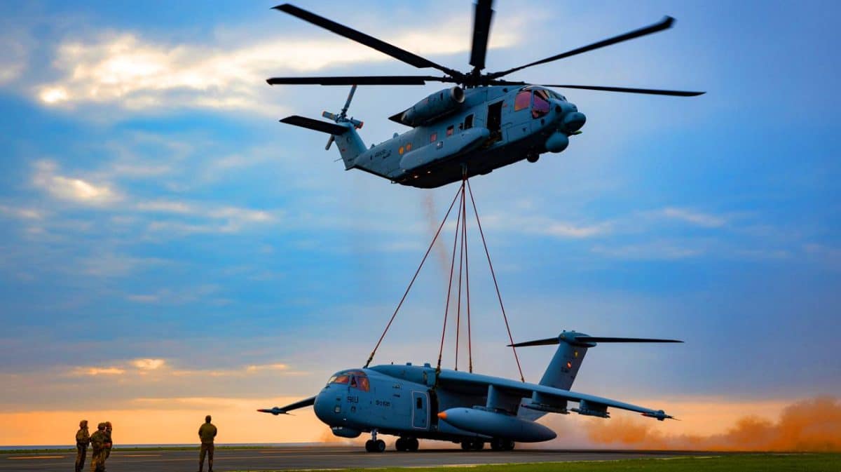 Le CH-53K endommage un jet HU-25 en test, la livraison est stoppée net et l’incident renverse la crédibilité militaire américaine Illustration de l'hélicoptère CH-53K King Stallion tentant de transporter le jet HU-25 Guardian.