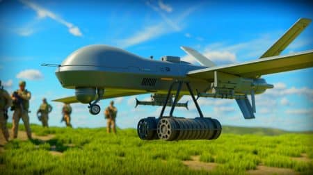 Illustration de l'utilisation d'un drone quadricoptère armé d'une mine Claymore par l'armée américaine.