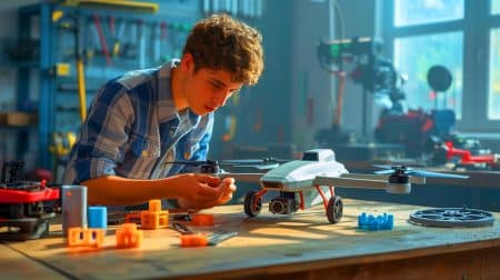 Illustration de l'innovation d'un drone VTOL imprimé en 3D par un jeune inventeur de 17 ans.
