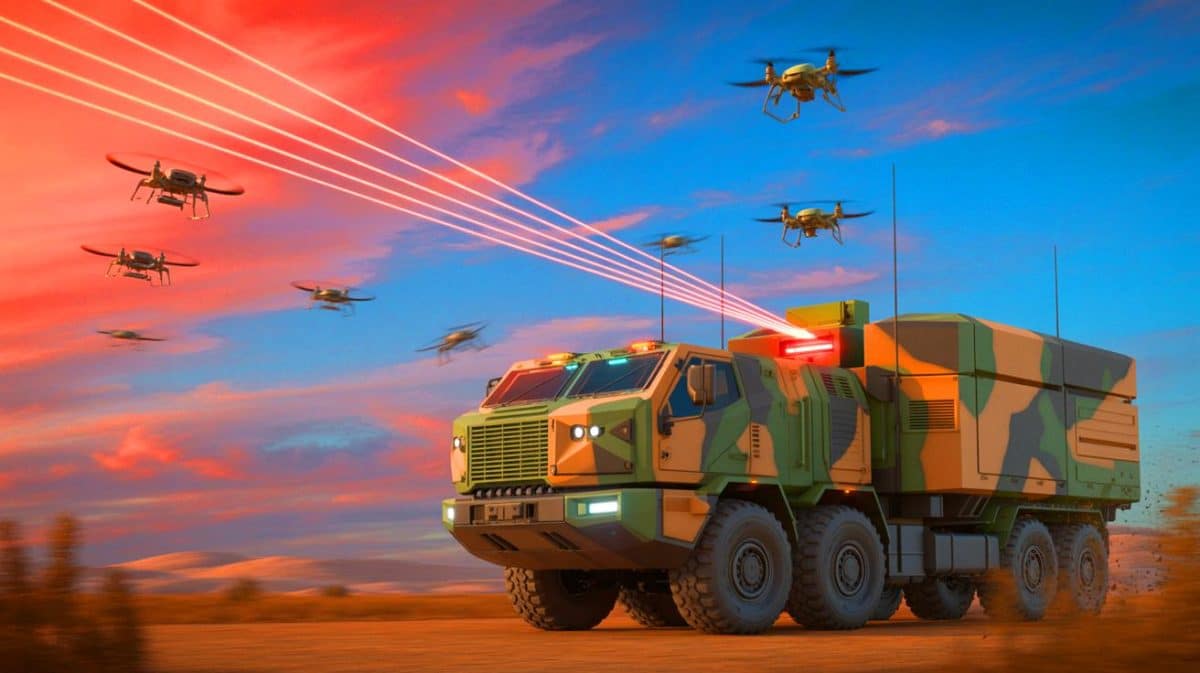 « Ce laser abat tout en vol » : EOS signe un contrat de 71,4 millions € avec l’OTAN pour exporter son arme anti-drones Illustration de la technologie laser d'EOS capable de neutraliser des drones en plein vol.