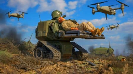 Ces robots télécommandés chargés d’évacuer les blessés affrontent les drones ennemis et bouleversent les règles des interventions militaires modernes Illustration de l'évacuation de soldats blessés par robots téléguidés dans le conflit ukrainien.