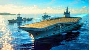 Illustration de l'USS « Gerald-R.-Ford » traversant les eaux au large de nos côtes.