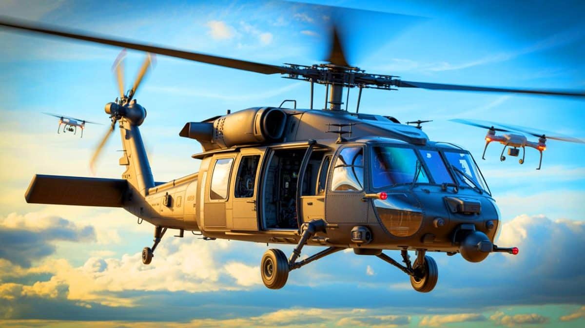 Les hélicoptères de l’US Army « déclenchent une course folle » : les drones sèment le chaos parmi les nations rivales Illustration de la modernisation des hélicoptères UH-60 Black Hawk de l'US Army intégrant des capacités de lancement de drones.