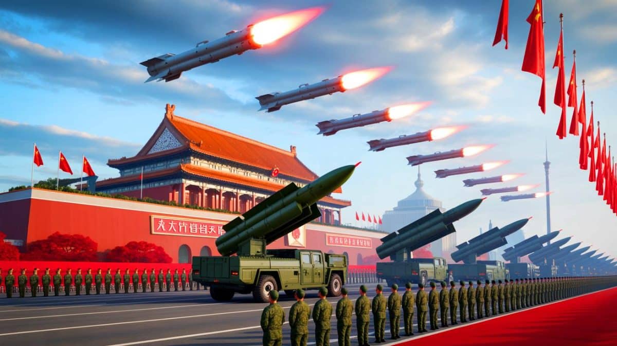 Les nouveaux missiles chinois surgissent en masse lors d’une répétition militaire géante et cette démonstration pulvérise l’équilibre mondial Illustration de la nouvelle génération de missiles chinois dévoilée lors de la parade militaire à Pékin.