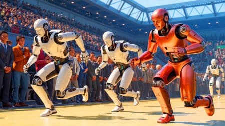 « Les premiers Jeux olympiques des robots » : la Chine libère 500 machines dopées à l’IA Illustration de robots humanoïdes participant aux Jeux Mondiaux de Robots Humanoïdes à Pékin.