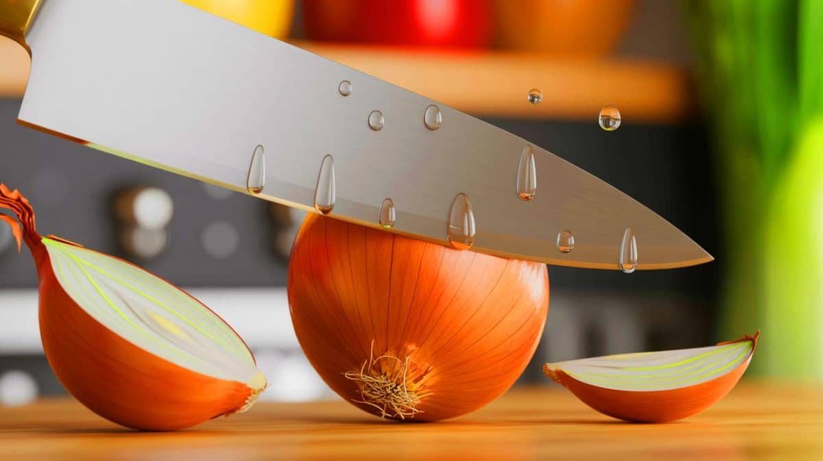 « Cette astuce pour couper les oignons sans pleurer va changer la vie des cuisiniers » : les scientifiques dévoilent un secret révolutionnaire Illustration de la découpe d'un oignon au ralenti pour étudier la libération de composés irritants.