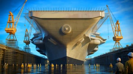Illustration de la construction du futur porte-avions français de nouvelle génération.