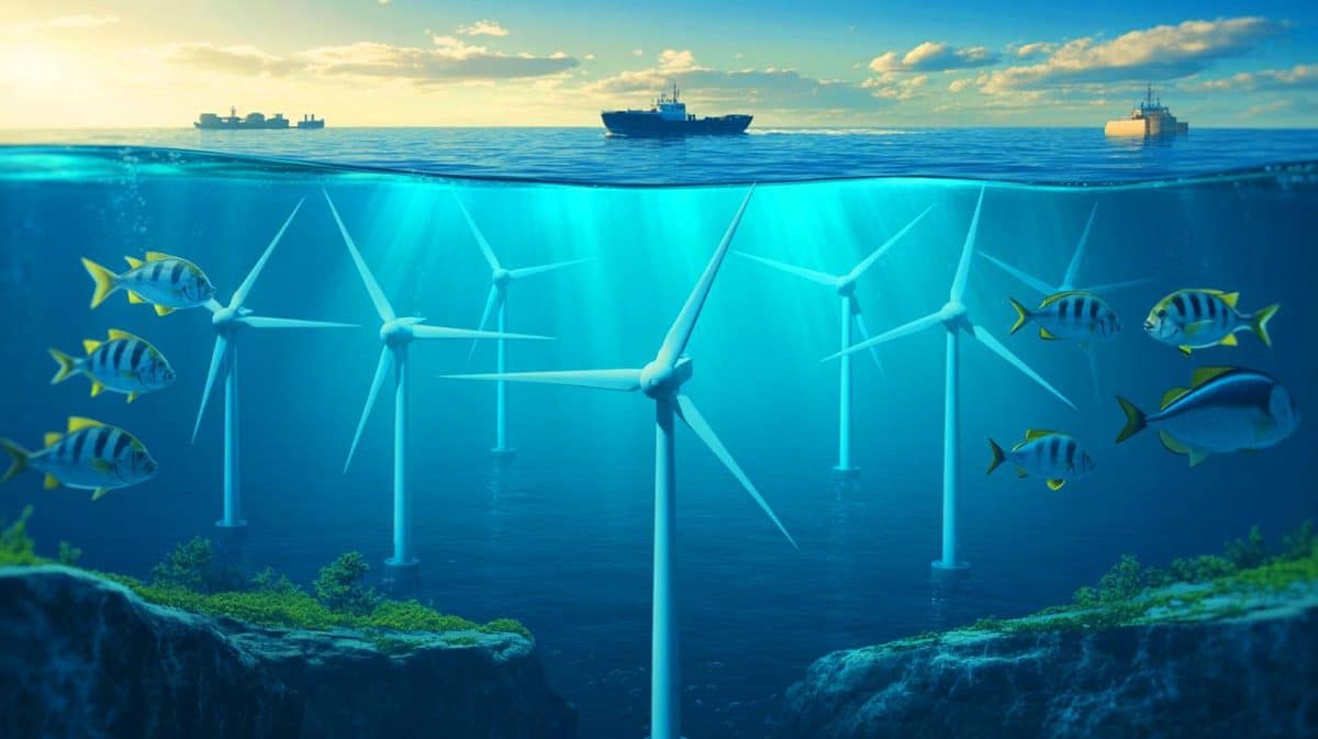 Illustration de l'exploitation de l'énergie marémotrice par le projet MeyGen en Écosse.