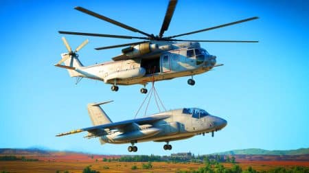 Illustration de l'échec du transport aérien du HU-25 Guardian par le CH-53K King Stallion.