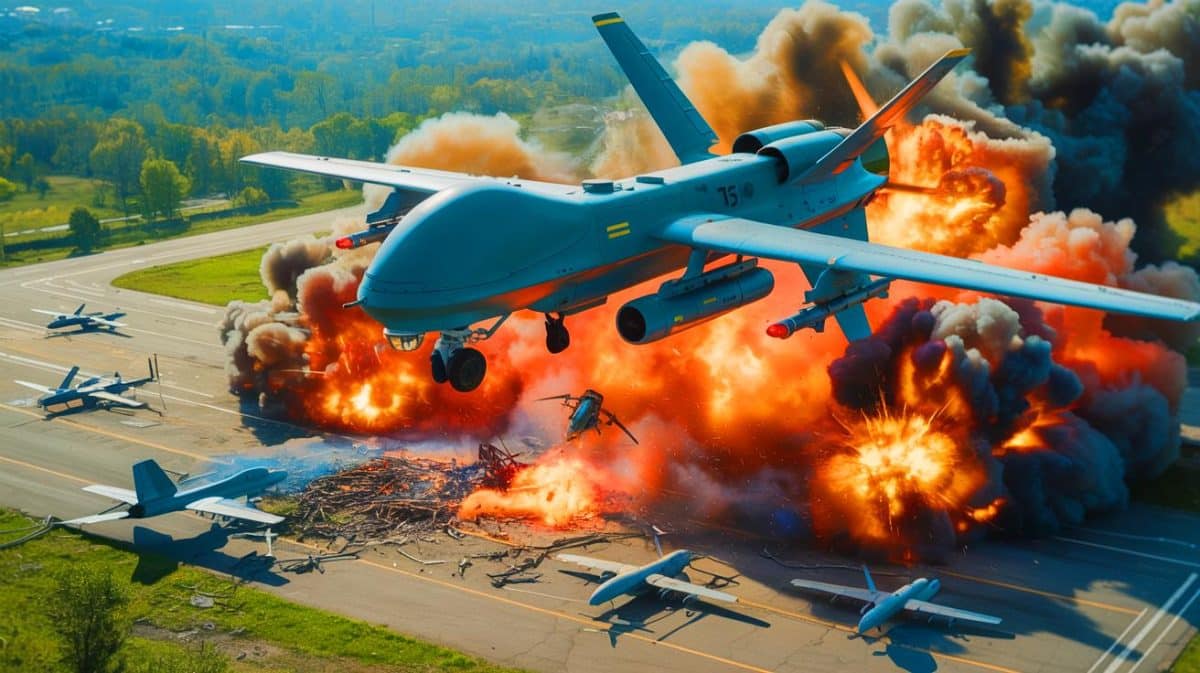 « Nous frapperons encore plus fort » : l’Ukraine revendique la destruction d’avions russes hypersoniques et défie publiquement le Kremlin Illustration de l'attaque ukrainienne sur une base aérienne russe avec des drones.