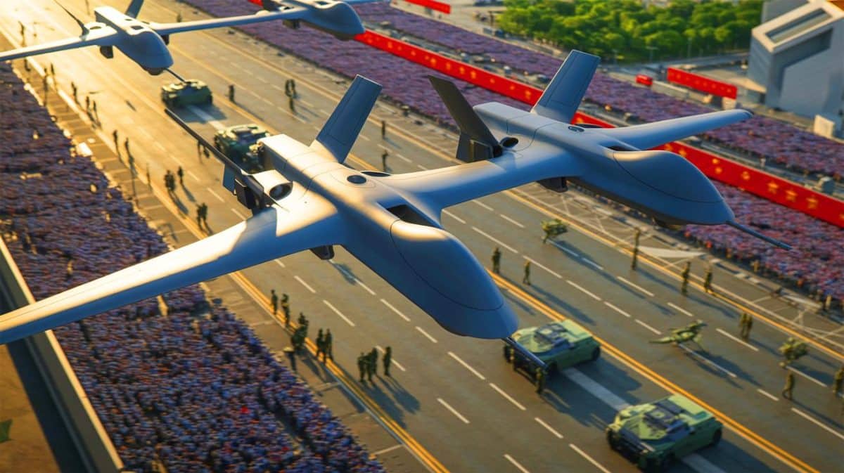 « Mon dieu, ils attaquent » : la Chine dévoile ses nouveaux drones de combat avant une parade militaire explosive Illustration de nouveaux drones militaires chinois présentés lors d'une parade majeure.