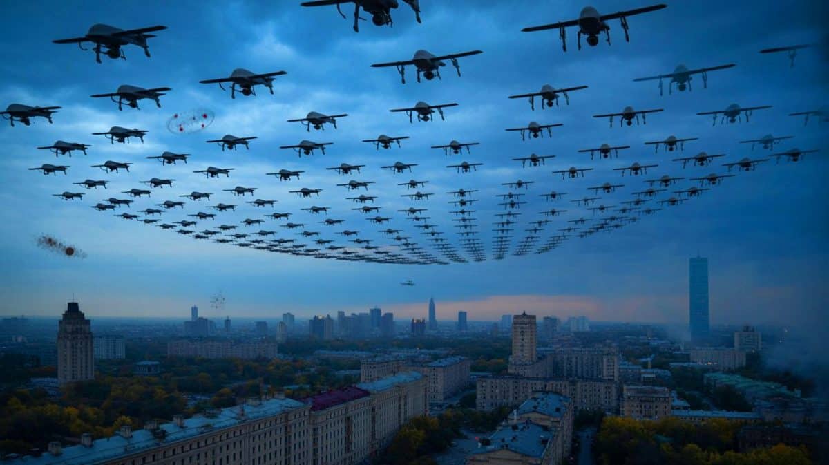 Illustration de l'intensification des attaques de drones kamikazes russes en Ukraine.