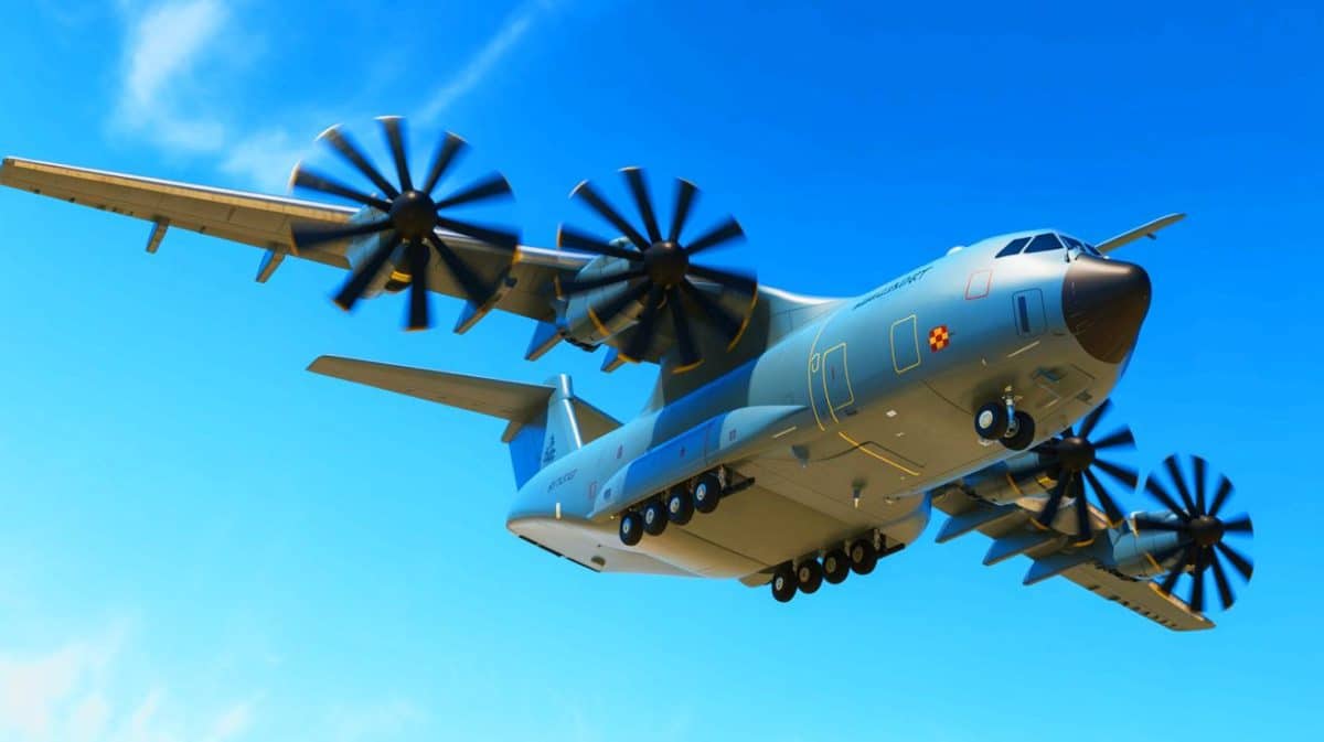 Illustration de l'A400M Atlas, avion de transport polyvalent de l'Armée française.