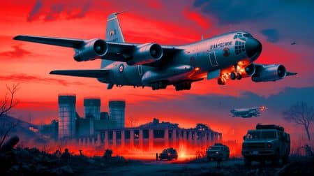 Illustration de l'avion du Jugement Dernier, le Boeing E-6 Mercury, en pleine démonstration de force.