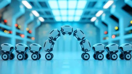 « On dirait une armée vivante » : des robots modulaires s’assemblent comme des fourmis géantes et pulvérisent les limites de l’ingénierie Illustration de robots modulaires s'assemblant en plein air pour former des structures innovantes.