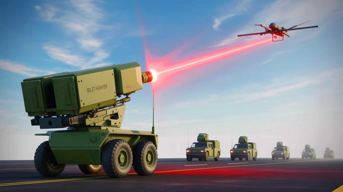 Illustration de l'utilisation du système laser Silent Hunter par la Russie pour neutraliser les drones en Ukraine.
