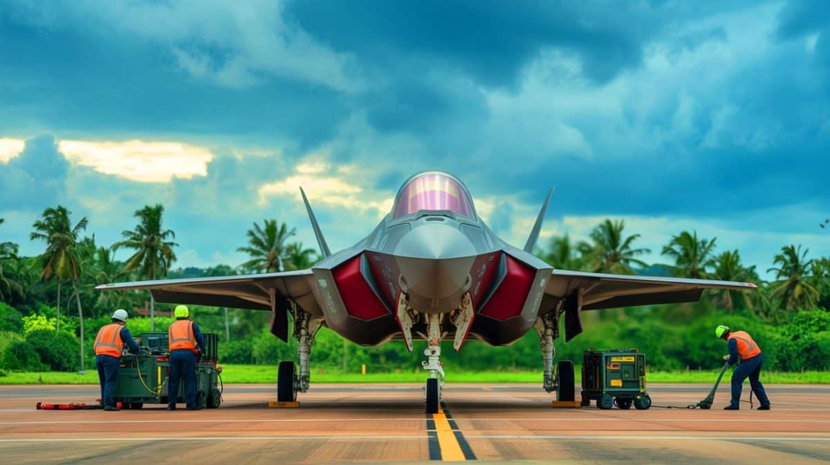 « Seul et oublié » : ce F-35 britannique bloqué en Inde depuis des semaines prêt à reprendre son envol Illustration de l'avion de chasse F-35B britannique immobilisé en Inde prêt à reprendre son vol.