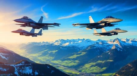 Illustration de la Suisse rejetant l'achat des avions F-35 américains en faveur de partenariats militaires européens.