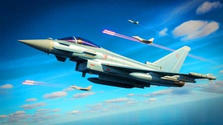 Illustration de l'Eurofighter Typhoon équipé de pods de ciblage Litening 5 pour renforcer la défense aérienne allemande.