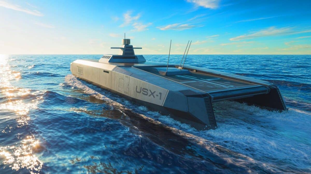 Illustration de l'USX-1 Defiant, navire autonome révolutionnaire de la DARPA.