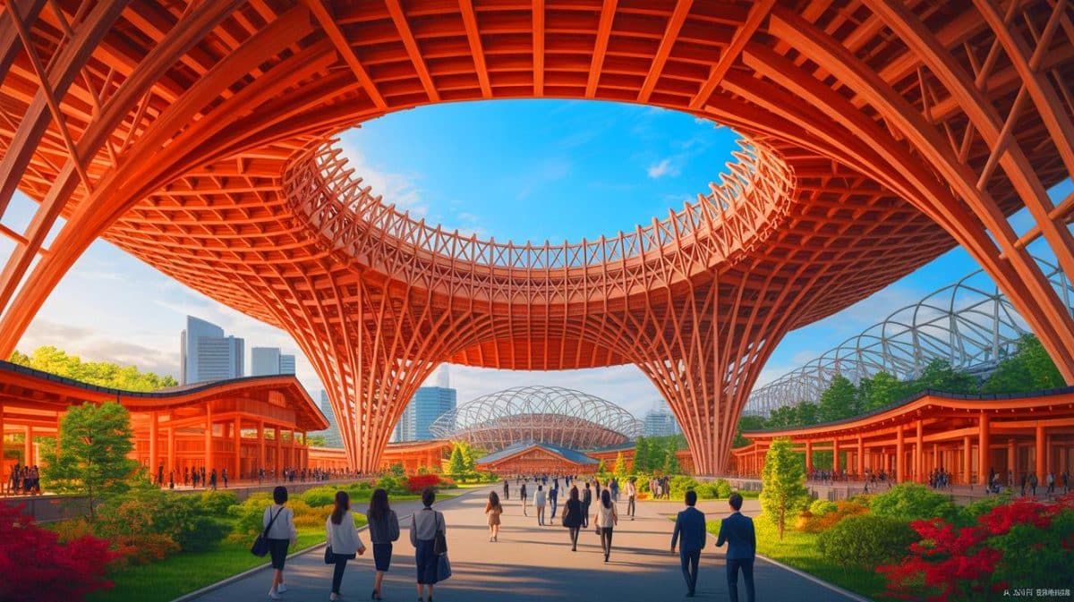 Illustration de la majestueuse structure en bois du Grand Anneau d'Osaka, symbole d'innovation et de tradition architecturale.