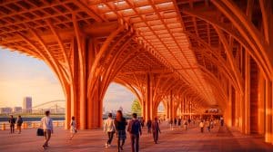 Illustration de la plus grande structure architecturale en bois, le Grand Anneau d’Osaka, lors de l’Exposition universelle de 2025.