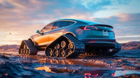 Illustration de la transformation d'une Tesla Model 3 en un tank fonctionnel par des ingénieurs allemands.