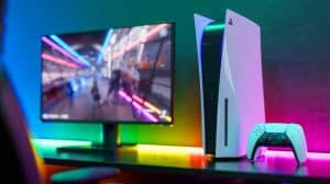 Illustration de la PlayStation 5, une console de jeu révolutionnaire avec des graphismes éblouissants et des temps de chargement ultra-rapides.