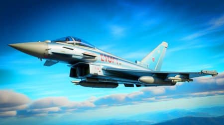 Illustration de l'Eurofighter Typhoon en vol, symbole de la modernisation de l'aviation militaire européenne.