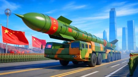 Illustration de la présentation du missile nucléaire intercontinental DF-5C par la Chine lors d'un défilé militaire à Pékin.