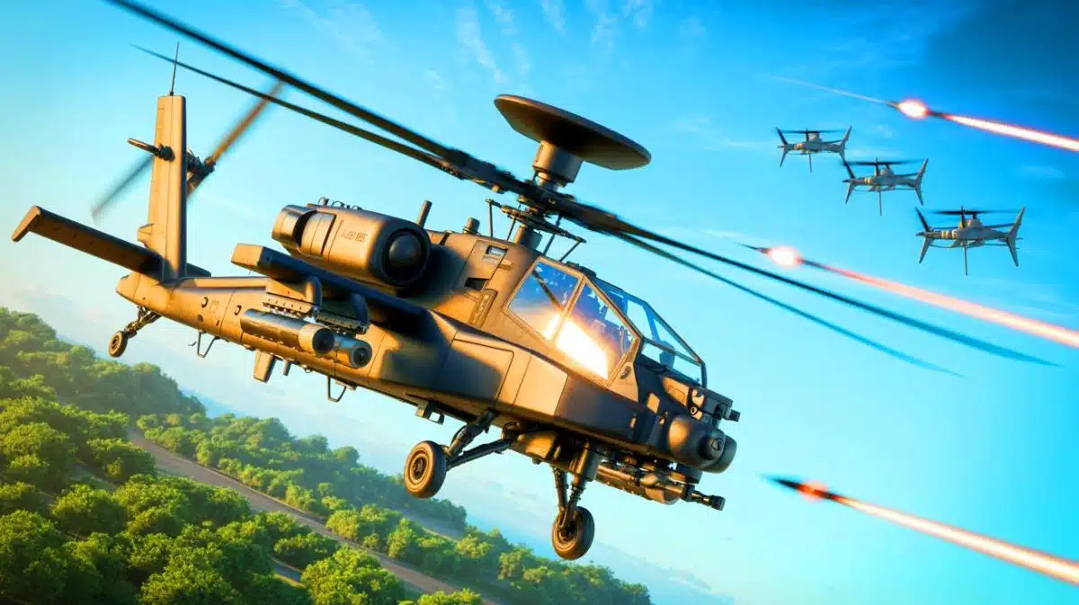 Illustration de la démonstration d'un hélicoptère AH-64E Apache face à des drones.