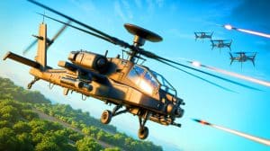 Illustration de la démonstration d'un hélicoptère AH-64E Apache face à des drones.