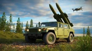 Illustration de l'arme "Frankenstein" combinant des missiles soviétiques et un véhicule Humvee américain.
