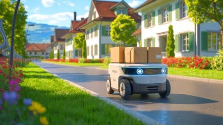 « Comment font-ils pour grimper les escaliers » : Swiss Post teste des robots livreurs hybrides roues-jambes à Regensdorf Illustration de la livraison autonome par robots dans la commune suisse de Regensdorf.