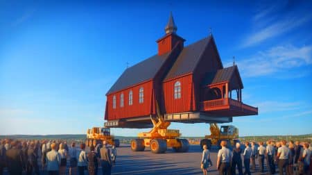Cette église de 2 500 tonnes transportée sur 5 km déclenche un scandale patrimonial et divise habitants et autorités locales Illustration de l'église historique de Kiruna déplacée pour permettre l'expansion de la mine de fer.