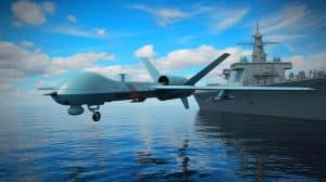 Illustration de l'innovation chinoise avec un drone à décollage vertical transformant chaque navire en porte-avions.