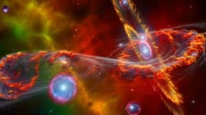 Illustration de galaxies composées de gaz, étoiles et matière noire, se heurtant et formant des filaments dans le cosmos.