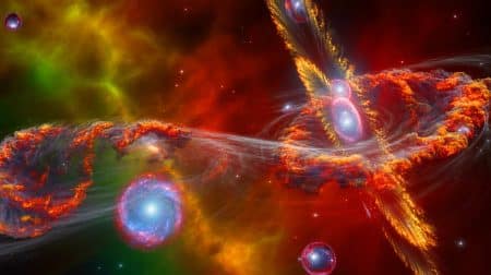 Illustration de galaxies composées de gaz, étoiles et matière noire, se heurtant et formant des filaments dans le cosmos.