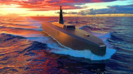 « L’US Navy dévoile un navire sans marins » : 55 mètres de technologies IA pour révolutionner la stratégie navale Illustration de l'USX-1 Defiant, navire militaire autonome sans équipage en opération.