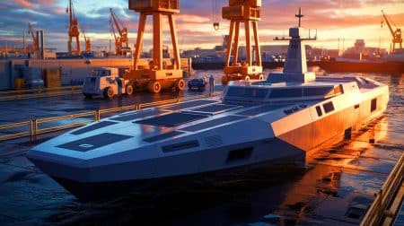 « Un navire de guerre robotisé de 100 tonnes » : l’innovation signée par d’anciens marins de l’US Navy fascine le Pentagone Illustration de la collaboration entre Blue Water Autonomy et Conrad Shipyard pour construire des navires autonomes.